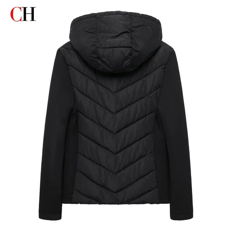 CH Womens Circular Chest Patch Badge Chevron Quilted Hooded Puffer Jacket Panel Sleeves Daily Commute Wear