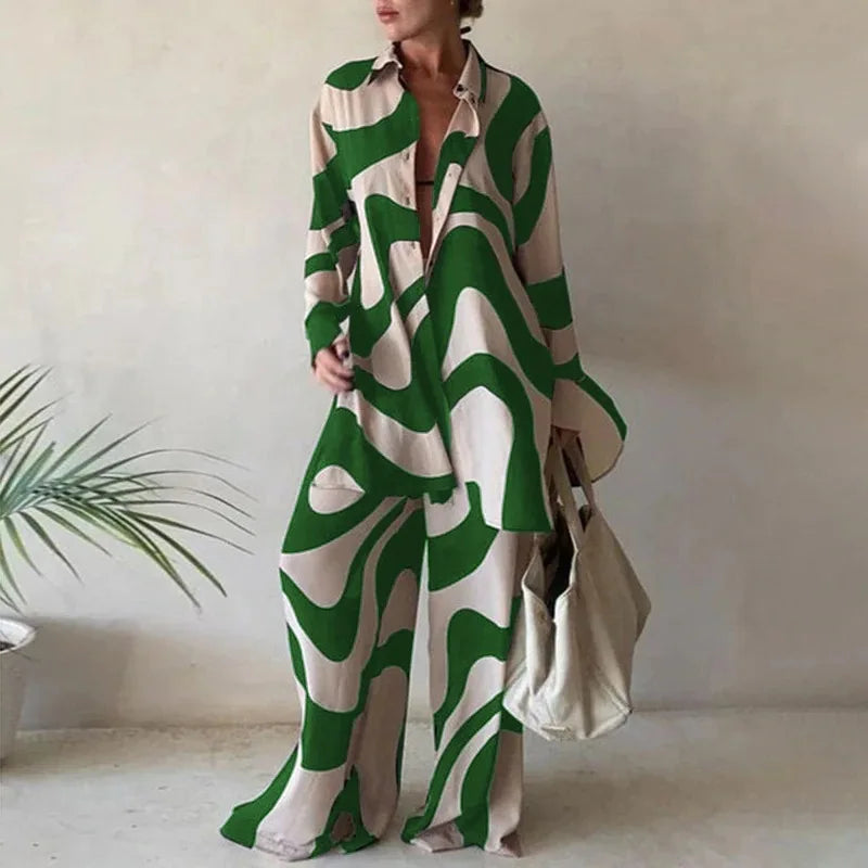 Spring Autumn Fashion Sets Women Long Sleeve Lapel Printed Casual Elegant Beach Loose Wide Legs Trousers Ladies Two Piece Suits