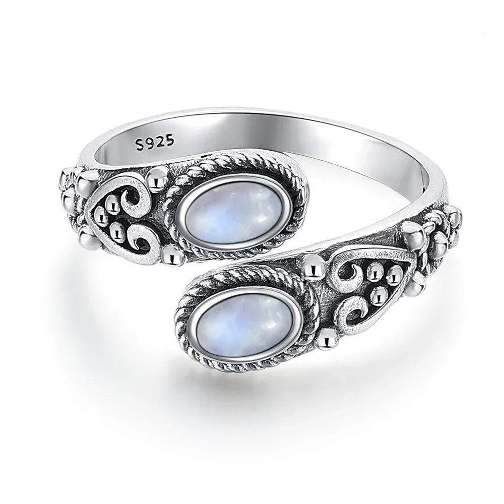 925 Vintage Silver Ring with Natural Moonstone 6*8mm Adjustable Rings
