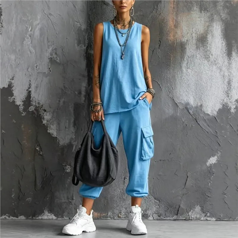 Solid Color Sports Two-piece Set Summer Fashion Sleeveless Top+wide Leg Pants Suit With Pockets Ladies O-neck Streetwear Outfit