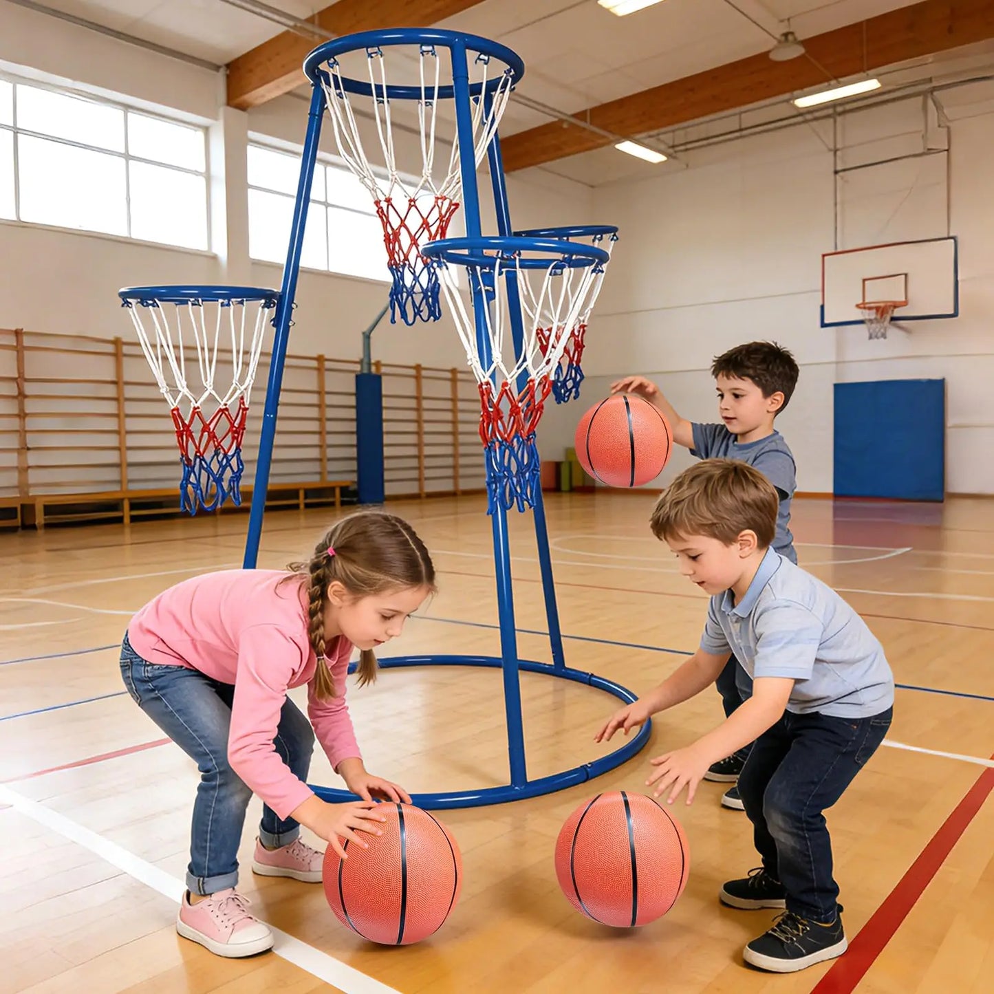 4 Hoop Toddler Basketball Set With 4 Balls & Pump, Multi Height Indoor Outdoor Basketball Goal Toy For Preschool Kids Ages 3+