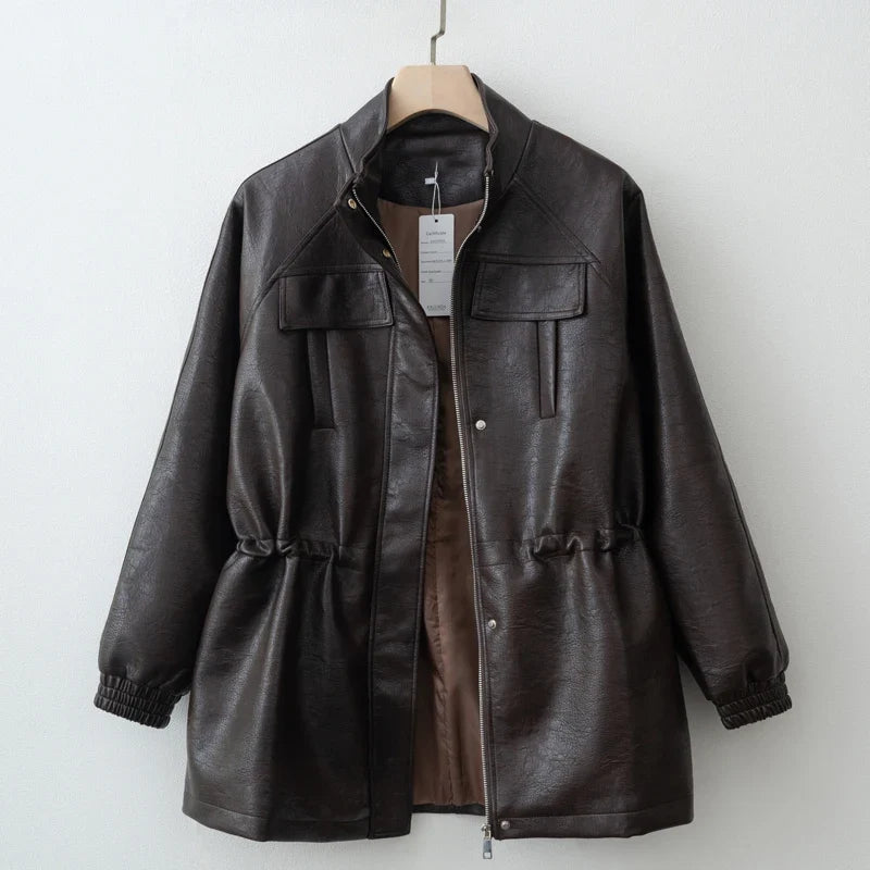 Autumn Winter Pu Leather Jacket For Women Solid Full Sleeve Elastic Adjustable Waist Coat 2025 New Lady Fashion Casual Outwears