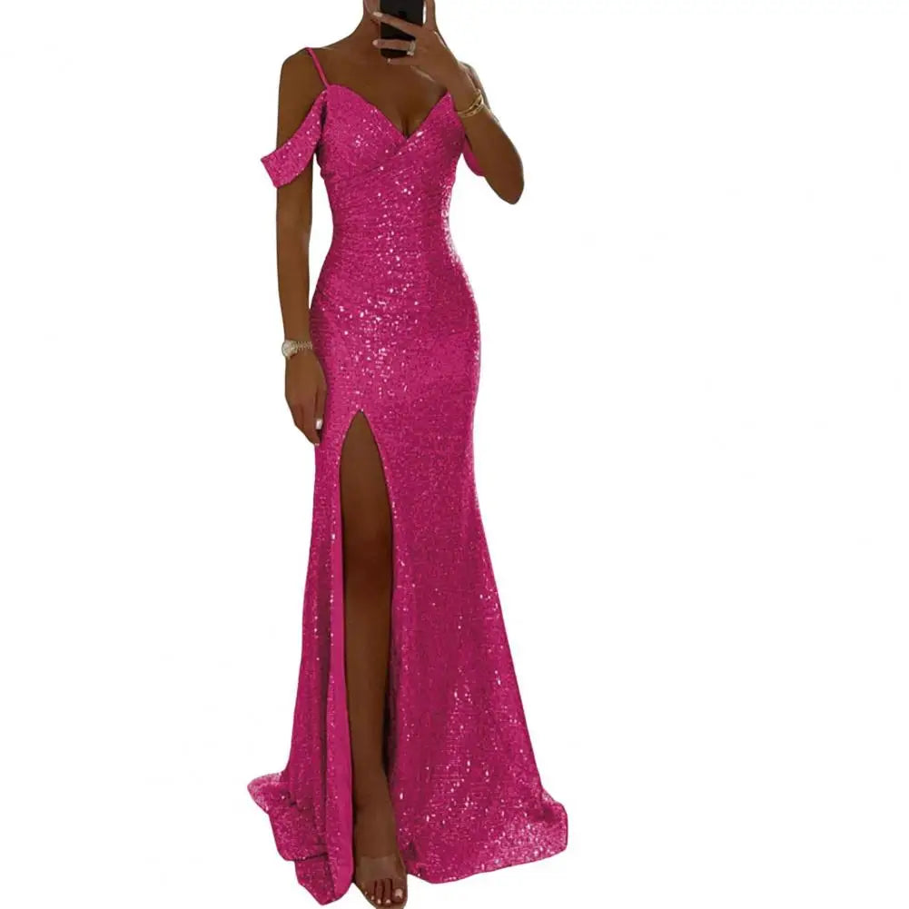 Vestido de mujer con lentejuelas, tirantes, sexy, brillante, lentejuelas, hombros descubiertos, cuello en V, abertura lateral, vestido de fiesta, vestido de fiesta de boda, vestido largo
