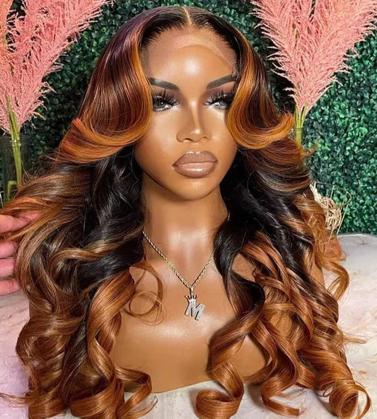 Peluca de encaje 4x4 con cierre frontal Ombre Jengibre Marrón Color Pre-arrancada 13x6 HD Peluca frontal de encaje transparente Ondulada de Cabello Humano Naranja Jengibre