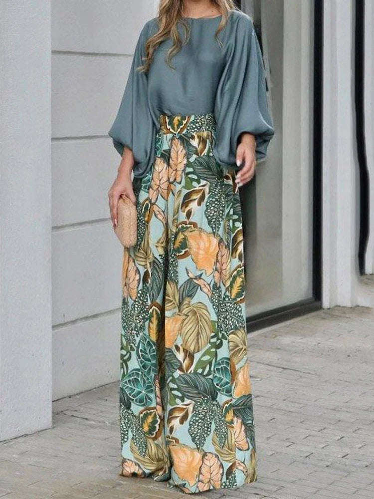 Women's 2 Piece Set 2024 New Fashion Autumn Solid Long Sleeve T-shirts & Digital Print Wide Leg Pants Suit Woman Pants Set
