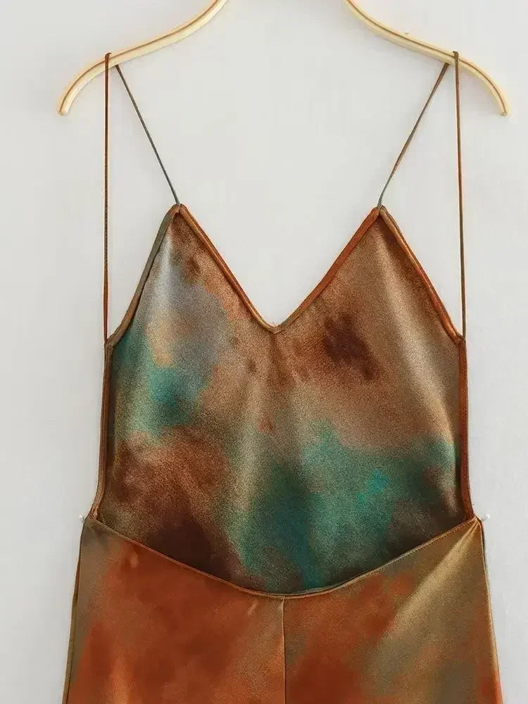 2025 Summer New Women's Open Back Sleeveless Dress Fashion Satin Mid Length Dress Printed Sexy V Neck Sling Dress