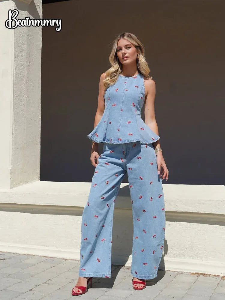 Denim Printed Sleeveless Pants  2-piece Set Women's Elegant Round Neck Fashion Short Shirt Long Pants Suits 2026 Street Outfit