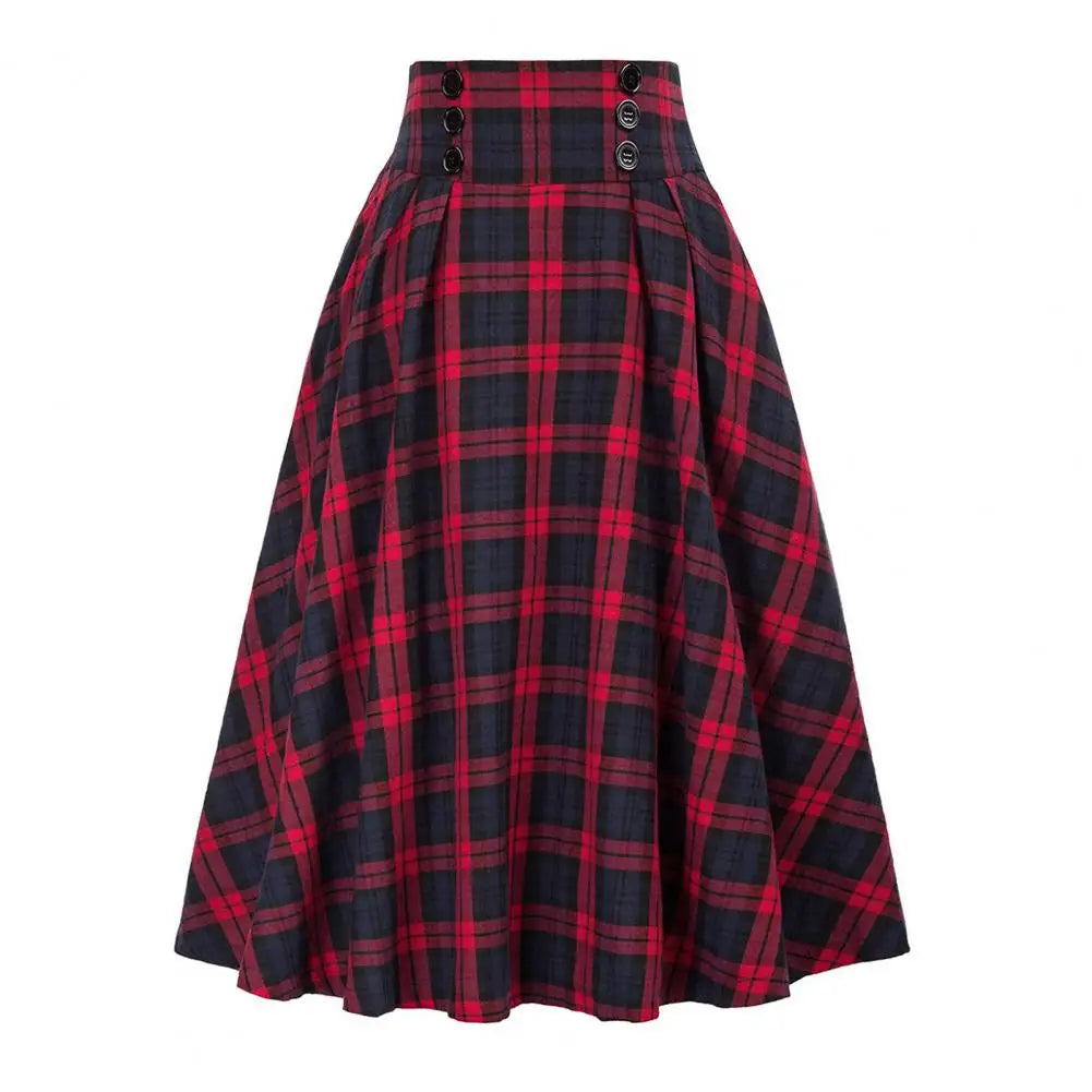 High Waist A-Line Skirt Women Midi Skirt Plaid Print Large Hem Design Autumn Winter Skirt Streetwear