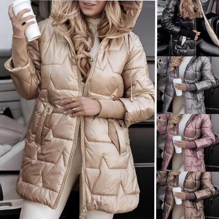 Parkas Coat Women Cotton Padded Jacket Hooded Outerwear Winter Thick Warm Pockets Zipper Puffer Windproof Mid Length Overcoat