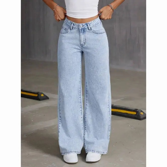 Fashion Solid Color High-Waisted Straight-Leg Jeans Women Loose Pockets Jeans Suitable Daily Casual Jean