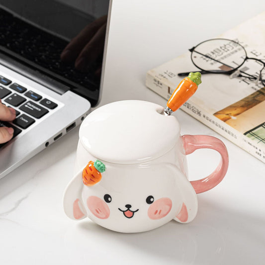 Taza de conejo de cerámica con tapa y cuchara de zanahoria