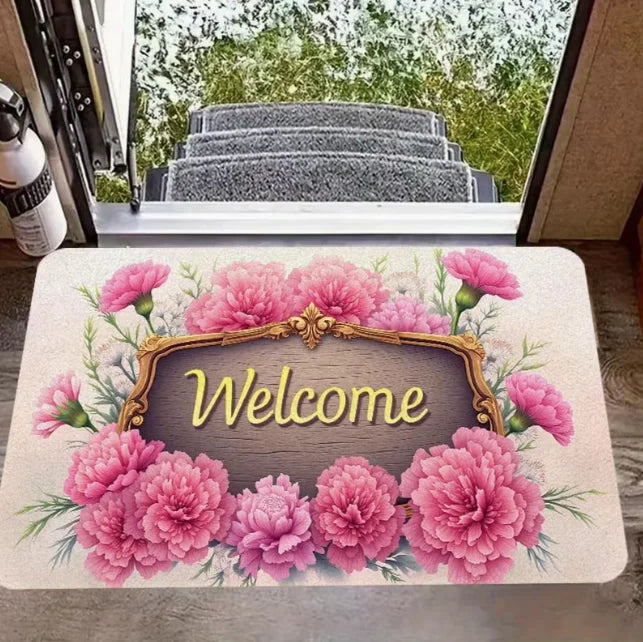 Elegant 3D Gold Frame Welcome Door Mats Water Absorbing Bathroom Mat Floral Design Blue and Gold Home Entrances or Bathrooms