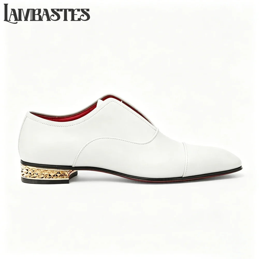 Gold Geometric Heel Patent Leather Mens Loafers Polished Glossy Upper Red Lining Formal Dress Shoes Embossed Gold Heel Loafers
