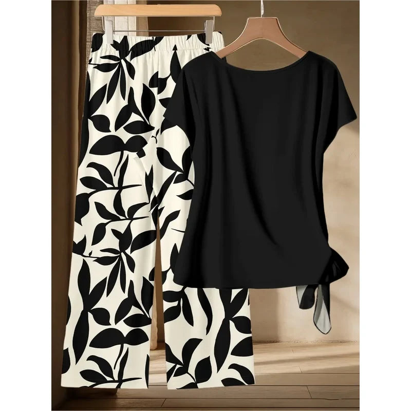 Women's plus Size Two-Piece Set Lazy Style Black Side Twisted T-Shirt And Black White Leaf Print Wide Leg Pants Casual Outfit