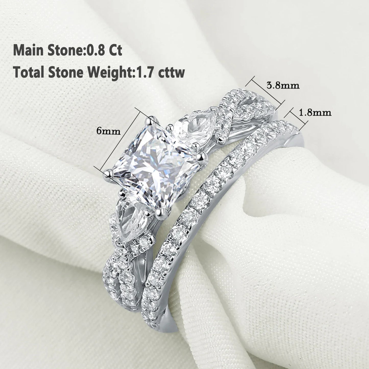 Newshe 2 Pcs Wedding Ring Set 925 Sterling Silver Moissanite Certified Princess Pear Cut Engagement Rings for Women Fine Jewelry