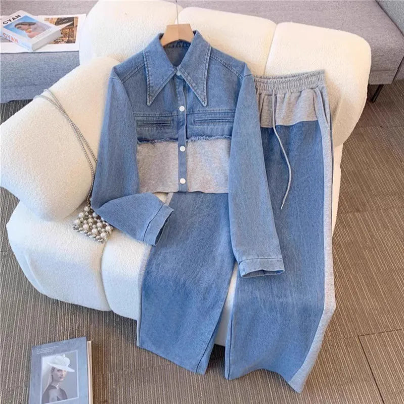 Blue Patchwork Pants Sets Women Fashion Long Sleeve Single-breasted Short Jacket Straight Trousers Two Piece Set Female New