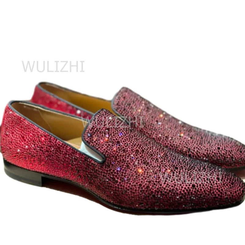Gold Full Crystal Shiny Men's Loafers Wine Red Black Gradient Oxfords Flat Shoes Party Luxury Clogs Round Toe Casual Print Shoes