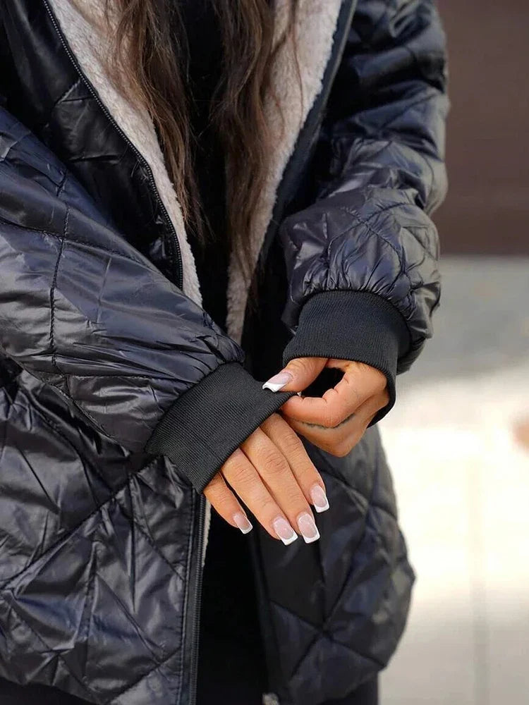Women Fleece Lined Hooded Quilted Coat Diamond Grid Puffer Jacket Warm Sherpa Lining Zip Up Mid Length Winter Outerwear Parka