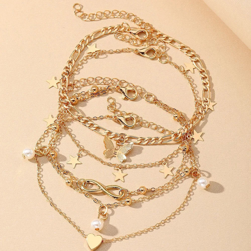 Bohemia Butterfly Anklet Set for Women Star Heart Pearl Charm Ankle