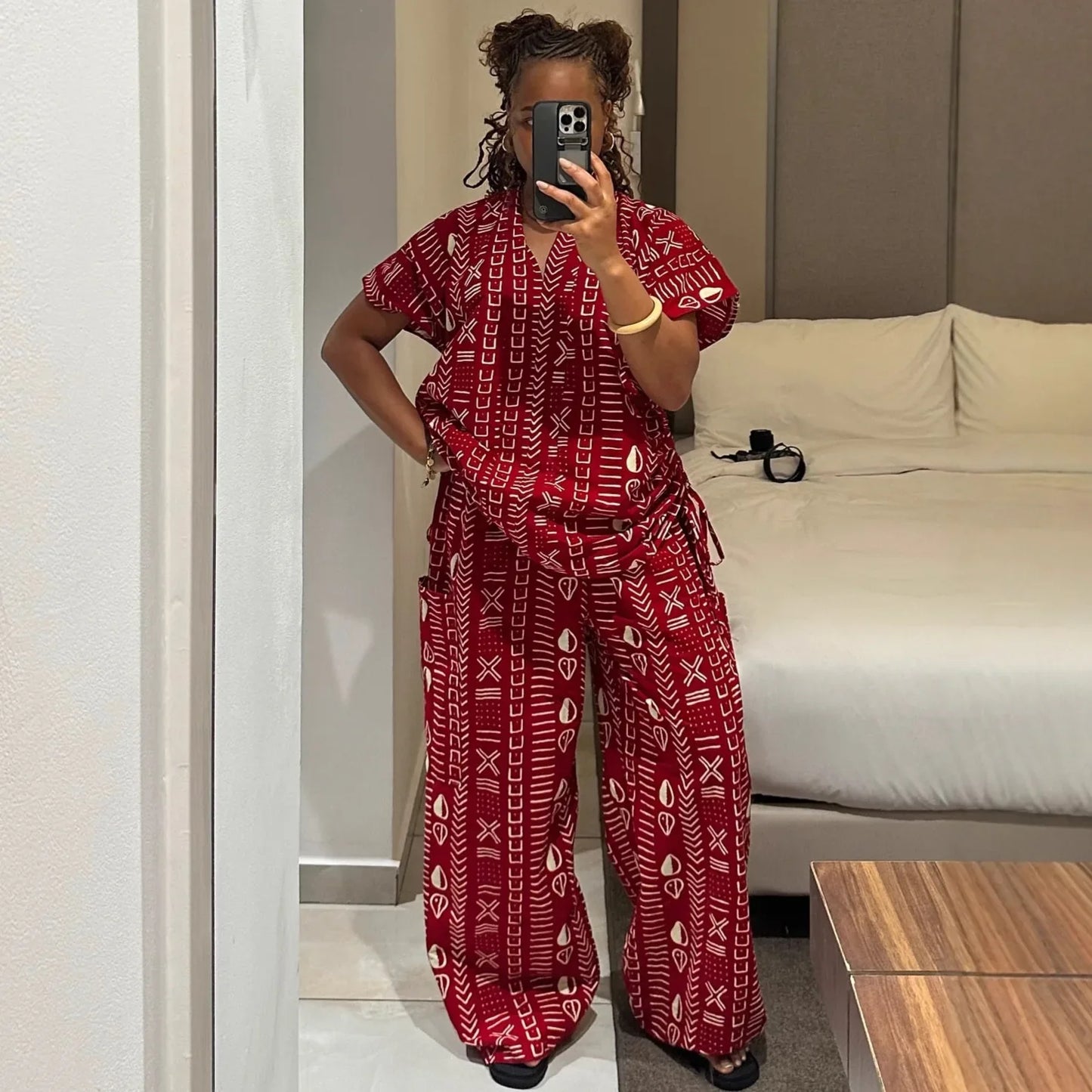 Women Two Pieces Pant Sets Solid Matching Set Pullover V Neck Printing Top High Waist Lace Up Pants Loose Fit Casual 2025 Summer