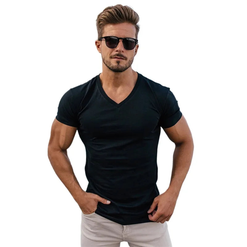 Hombres Moda Cuello V Manga Corta Fitness Ejercicio Verano Algodón Transpirable
