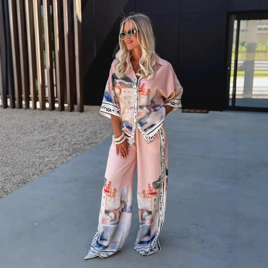 Autumn New Half-sleeved Printed Shirt Trousers For Women 2-piece Set Loose Simple Casual Elegant Female Streetwear Trousers Suit