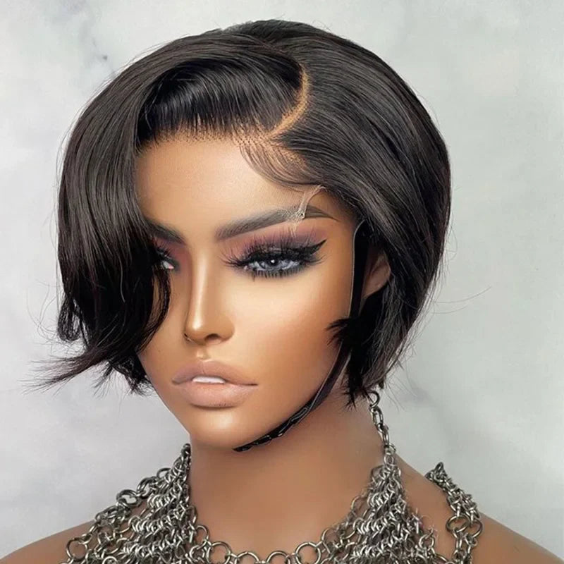 Pelucas Cortas de Cabello Humano, Corte Pixie, Lacio, Remy Brasileño Transparente, Pelucas Lacias de Cabello Humano Bob para Mujeres Negras