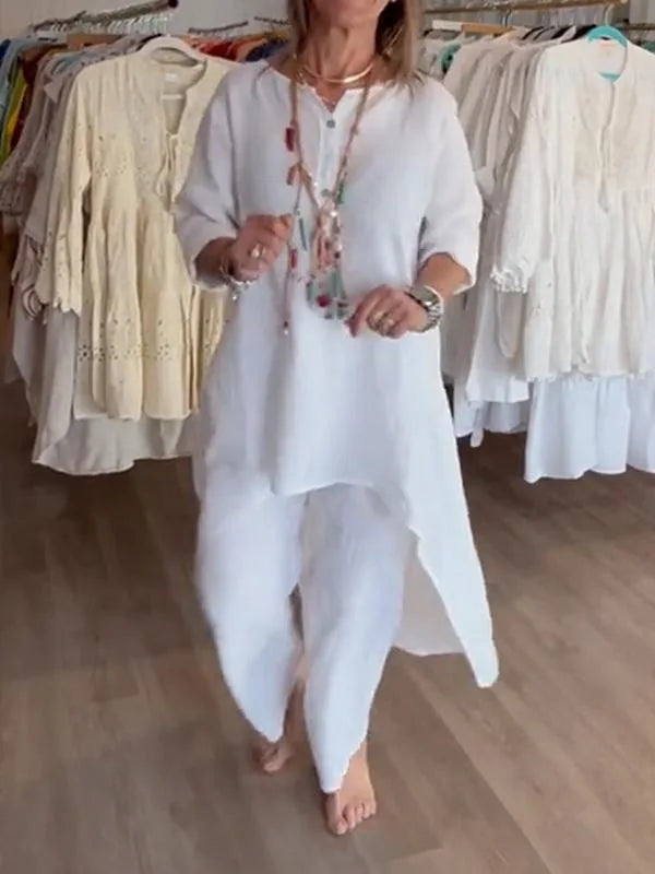 Women's 2pcs Clothing Set Fashion Summer New Suit Casual Long Shirt Blouse Top & Wide Leg Pants Solid Color 2 Piece Sets Outfits