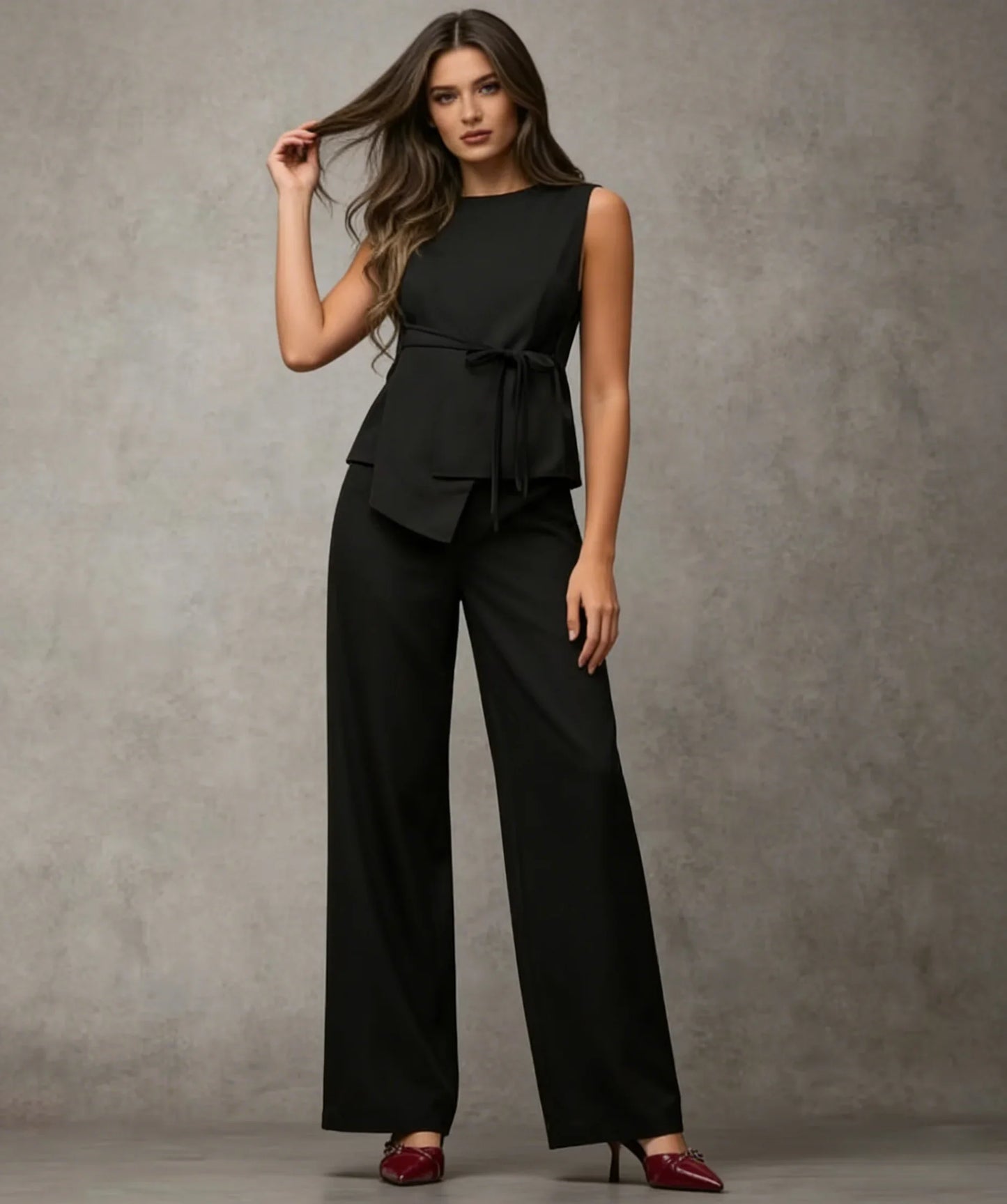 Women's Black Two Piece Set Sleeveless Round Neck Tie Asymmetric Hem Top Wide Leg Pants Set Spring Summer Office Elegant Outfit
