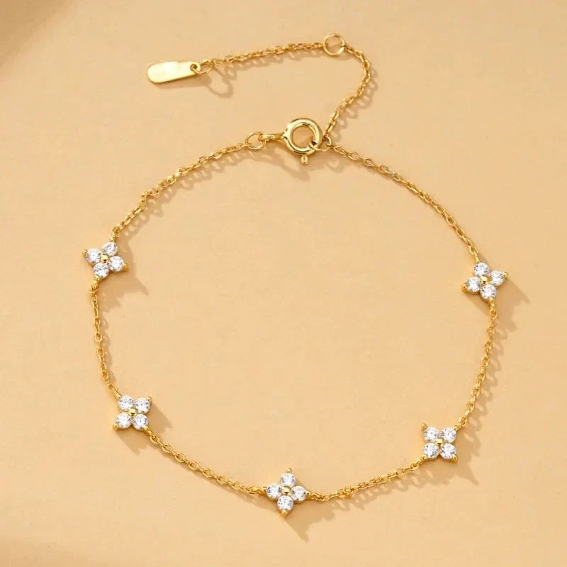 925 Silver Plated Cubic Zirconia Four Leaf Clover Bracelet for Women