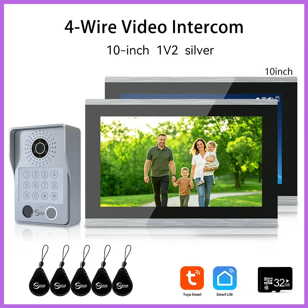 ANJIELO 4-Wire Video Intercom System with 10-inch Touch Screen 5-in-1 Unlock Tuya Smart APP Control IP65 Waterproof Night Vision