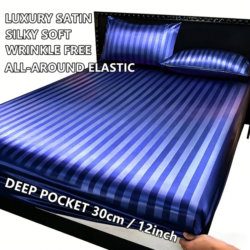 Luxury Satin Striped with Elastic Band Fitted Sheet Silky Soft Deep Pocket Bed Cover Standard Size Twin Full Queen King Bedding