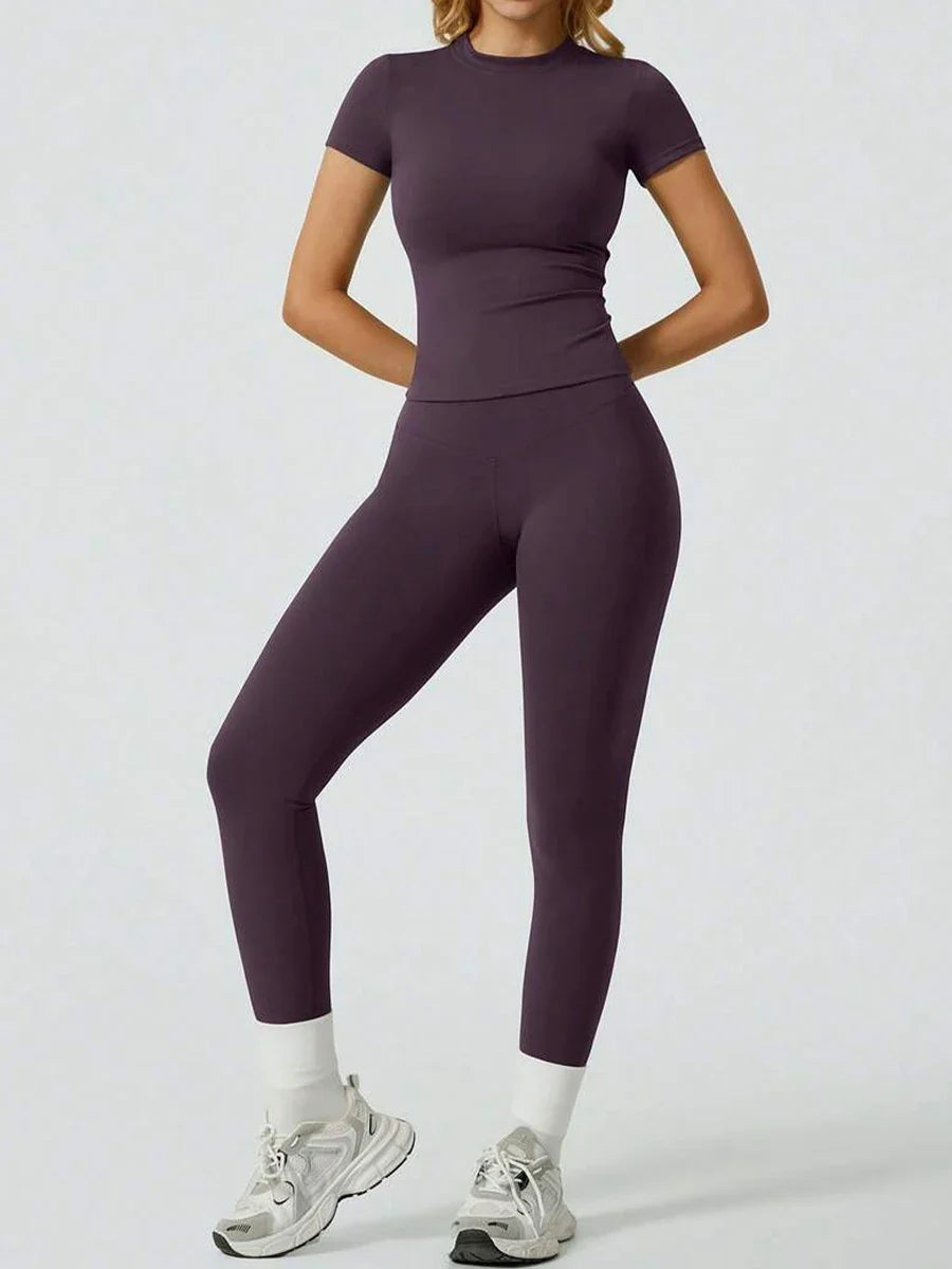 2 Piece Yoga Set Women Short Sleeve Top High Waist Leggings Gym Workout Clothing Tummy Control Fitness Sportswear Activewear Sui