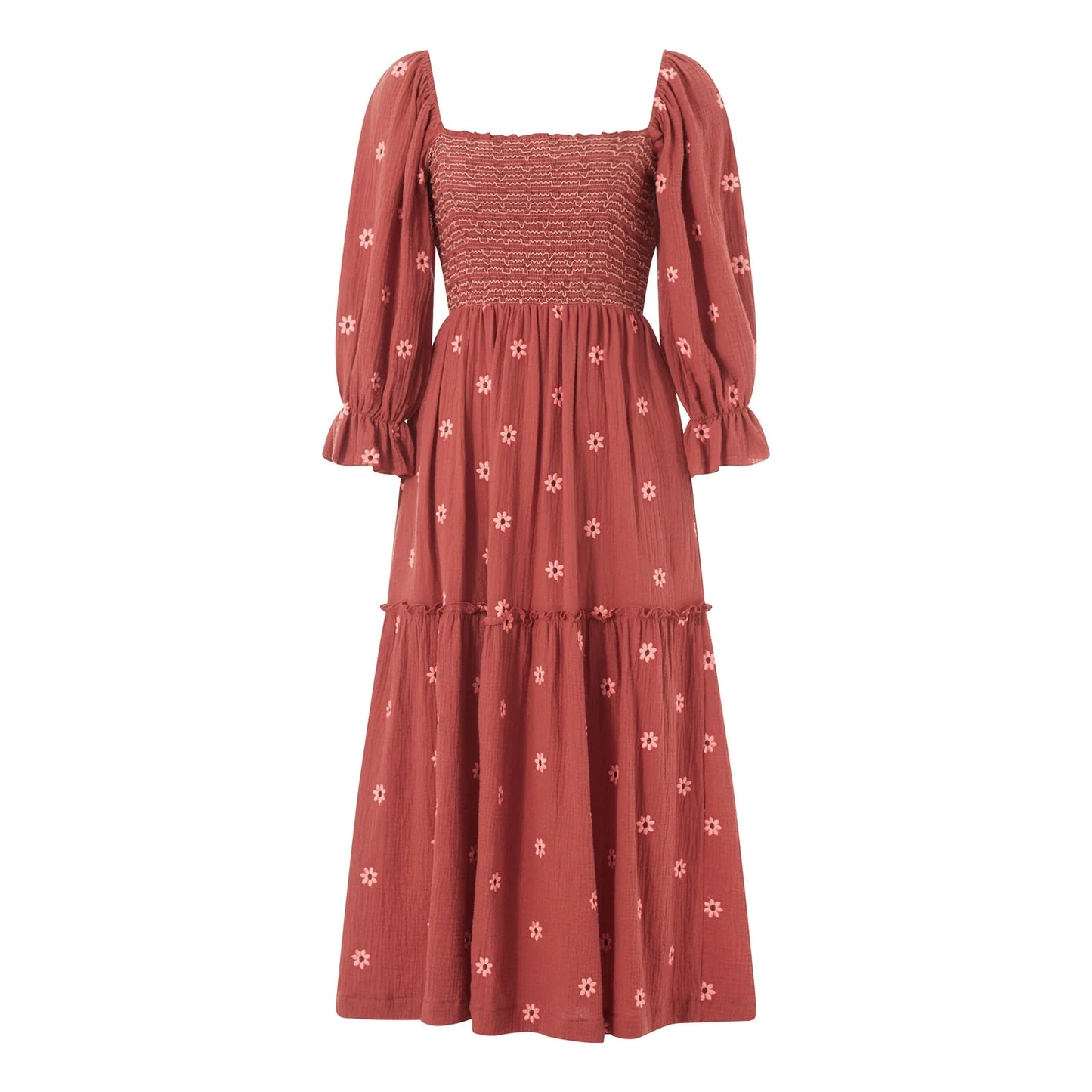 Women Spring Fall Long Dress Long Sleeve Dress Square Neck Embroidery Flower Loose Swing Dress Wit Pocket