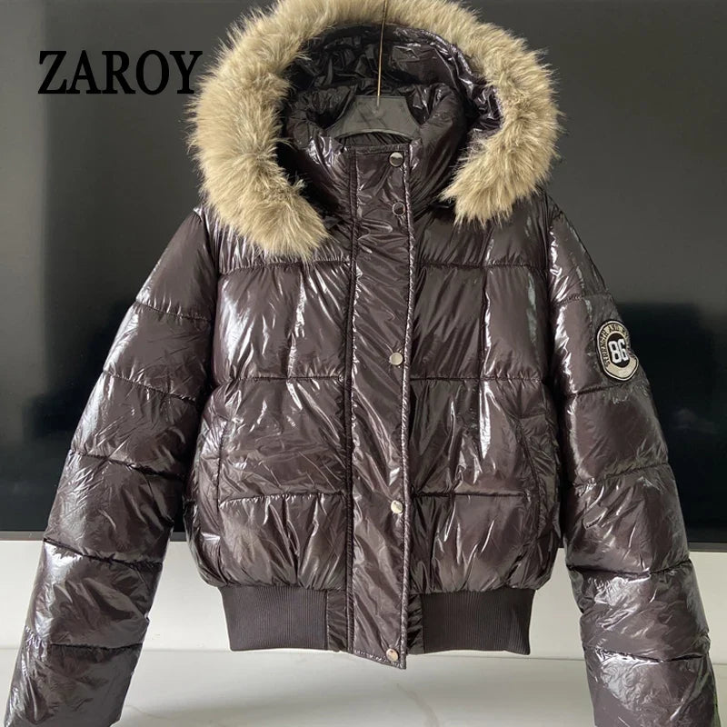 ZAROY Faux Fur Hooded Cotton Puffer Jacket Women Winter Quilted Zipper Pocket Coat Y2K Retro Padded Parkas High Street Outerwear