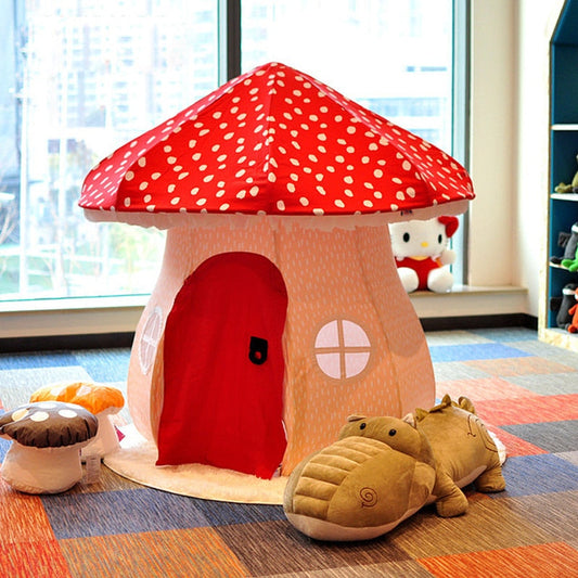Tienda de campaña infantil con diseño de casa de setas de cuento de hadas