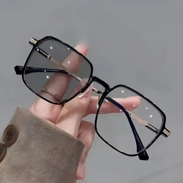 GLAZZY TR Stainless Steel Two Tone Square Photochromic Eyeglasses Anti Blue Light Optical Glasses Neutral Daily Computer Eyewear