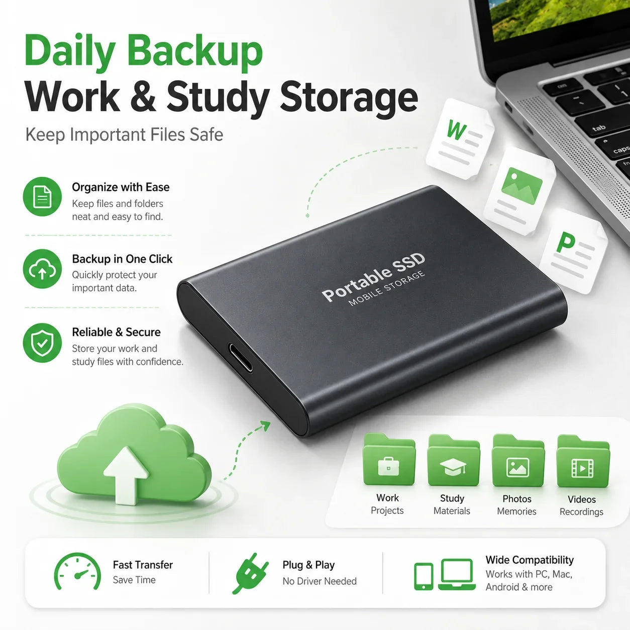 Space Efficient External Hard Drive 2TB Portable Mobile Hard Disk for Family Daily Photo Saveing PC Laptop