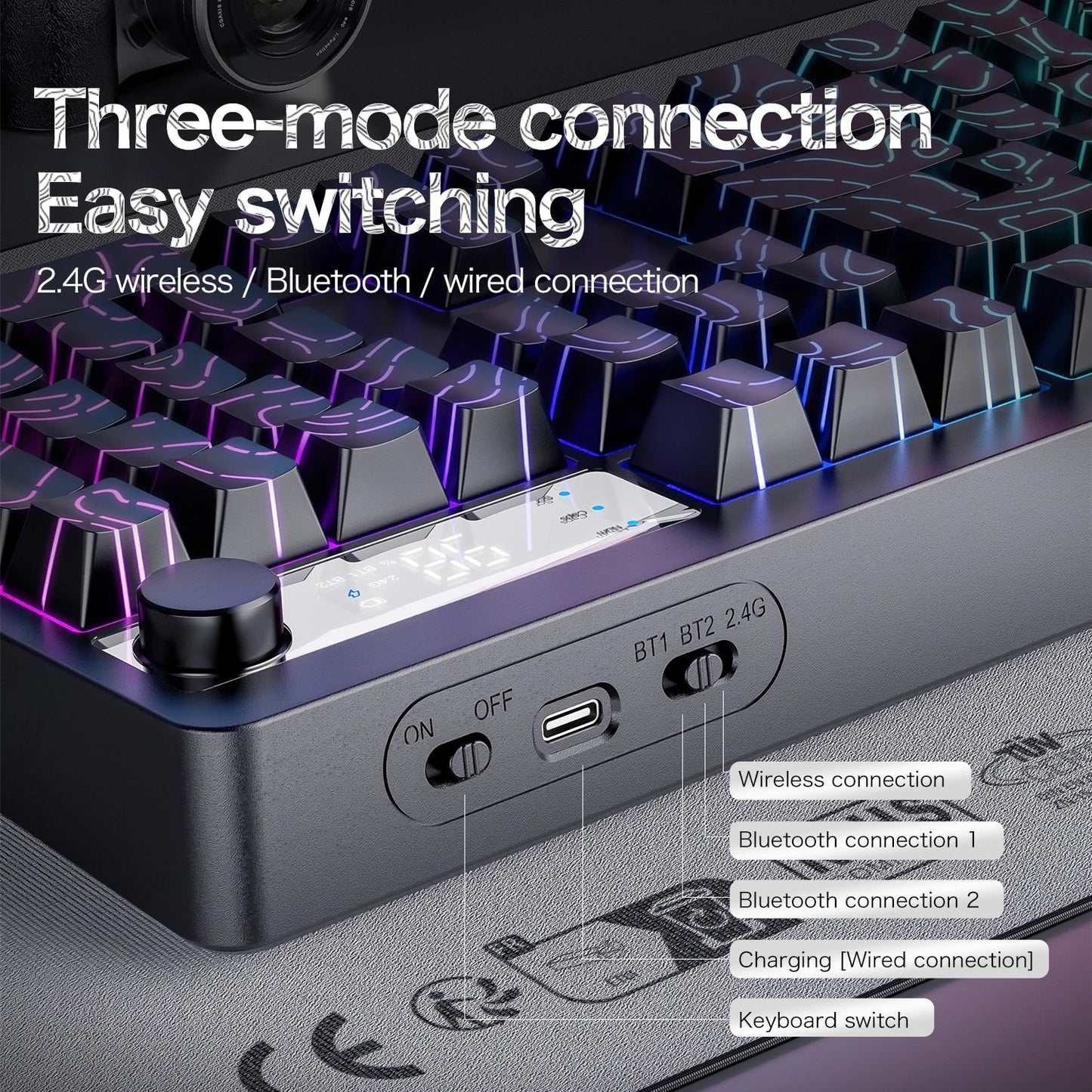 TK100 Wireless Bluetooth Wired Triple-Mode Mechanical Feel Keyboard with High-Definition Display, Rotary Knob and RGB Lighting