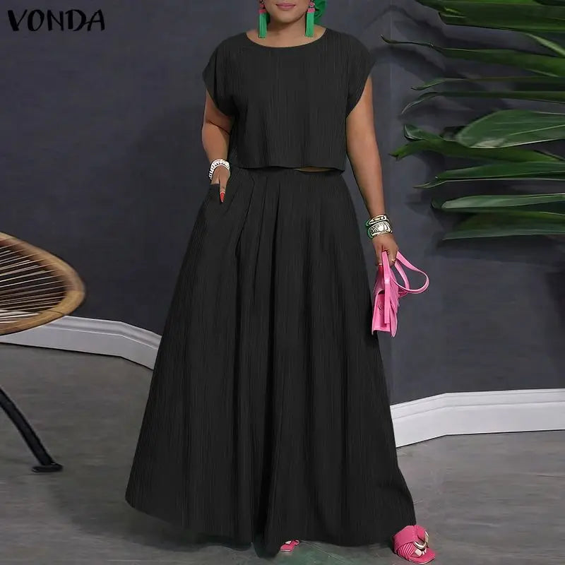 VONDA Women Plus Size Sets Elegant 2PCS Solid Color Two-piece Outfits Short Sleeve Summer Tops Long Skirts Streetwear Dress Sets