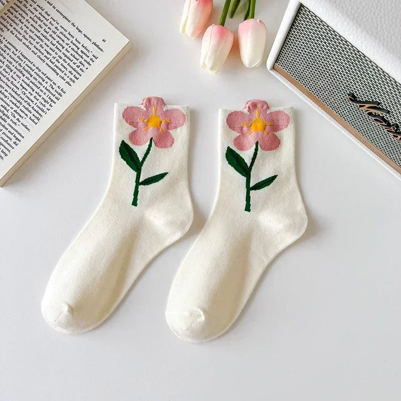 New Style Crew Socks for Women Spring Fashion Cute Flower Long Cotton Socks Japanese Style Breathable Casual Trendy Absorb Sweat