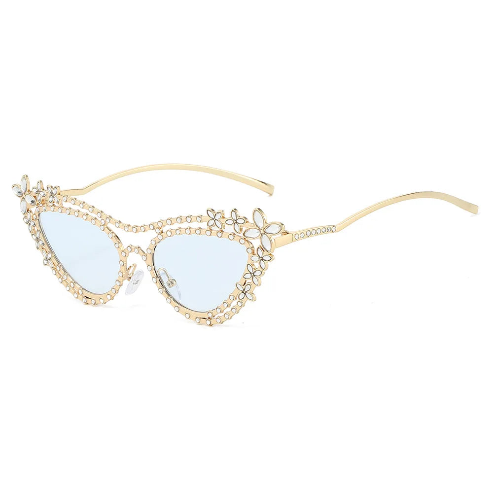 Ins New Luxury Double Beam Cat Eye Women Sunglasses Y2K Personality Flower Diamond Design Trend Men Casual Gafas De Sol UV400