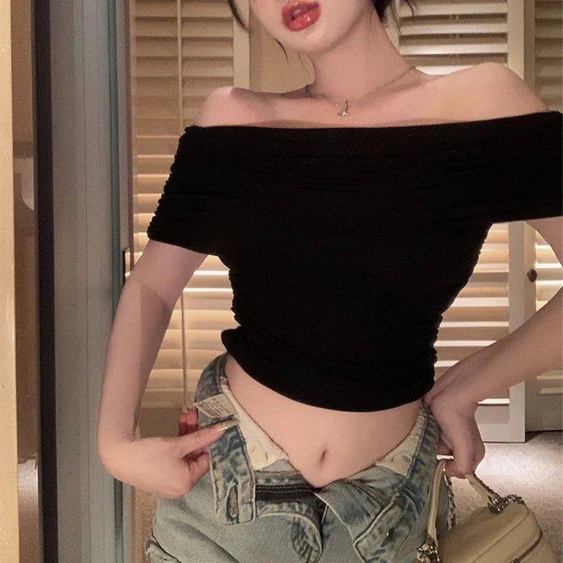 1pcs Girls Off-Shoulder T-Shirt Women's Basic Fashion Tee Solid Ladys