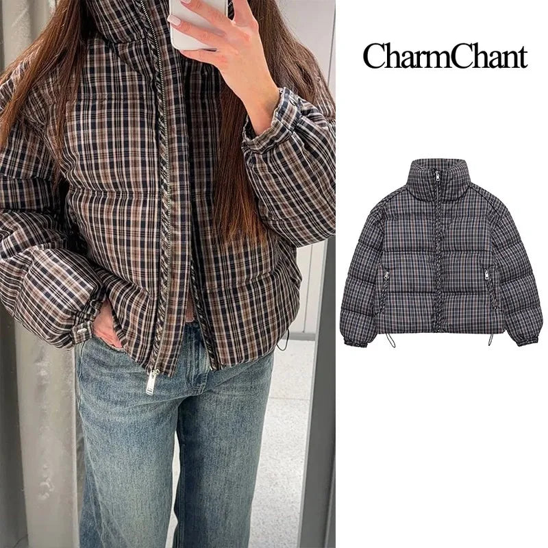 CharmChant Plaid Stand-Collar Puffer Jacket for Women Winter 2025 Padding Coat Female New in Coats Warm  Check Outerwears Parkas