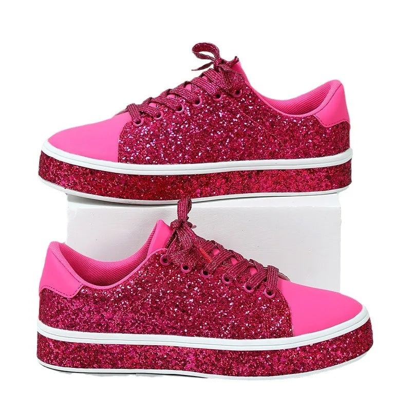 Women Glitter Sequin Leather Pink Sports Shoes Thick Soled Casual Shoes 2025 Ladies Spring Comfortable Lace-up Flat Sneakers