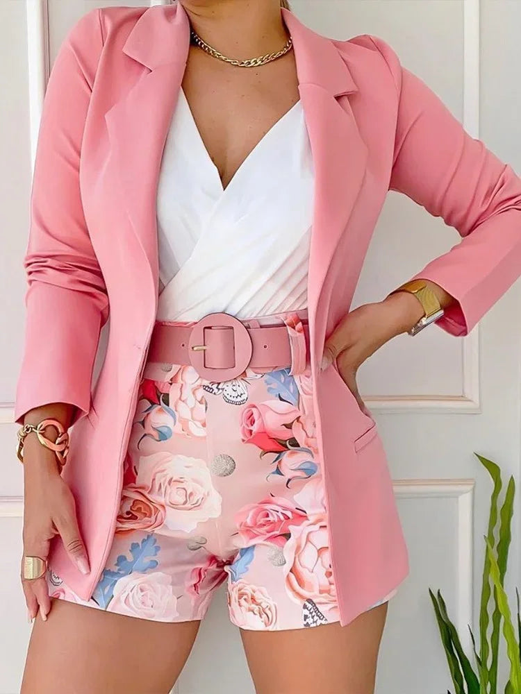 Set Woman 2 Pieces Spring Summer New Korean Fashion Casual Long Sleeve Blazer Coats Suits Elegant Printing Belt Shorts Sets