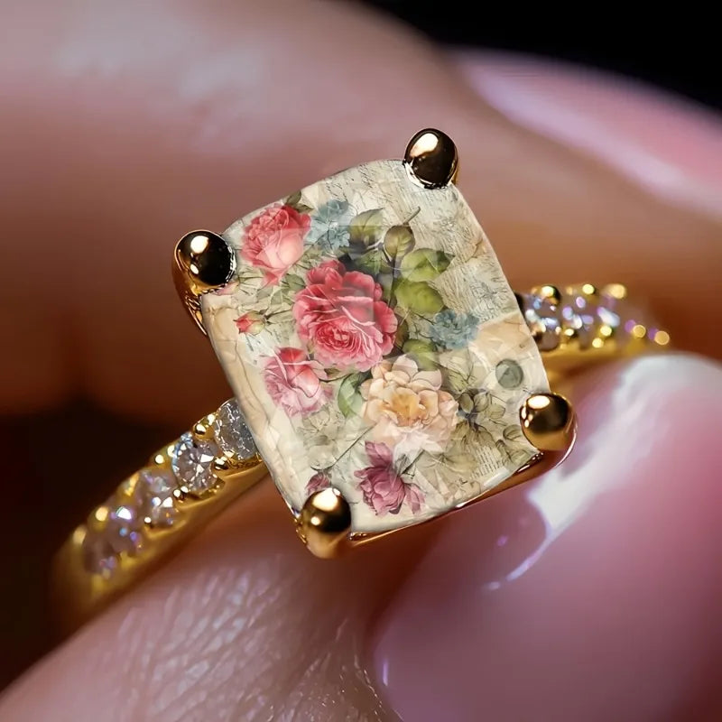Ladies Rose Bundle Retro Illustration Square Ring Design Light Luxury Fashion Jewelry Daily Wear Special Occasions Suitable Gift