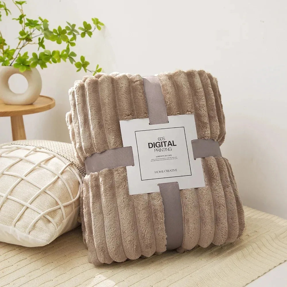 Coral Fleece Flannel Blanket 300GSM Ultra Soft Microfiber Plush Throw Blanket Warm Striped Cozy Blanket for Couch Bed Sofa