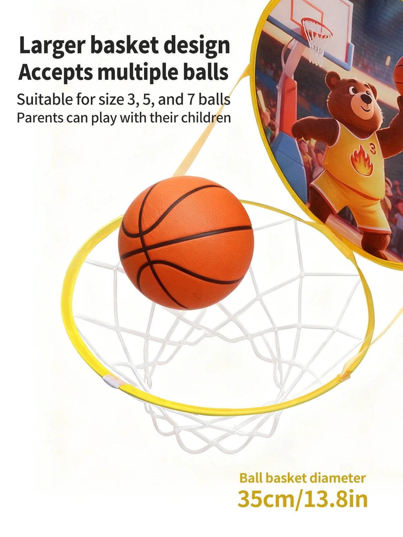 Foldable Basketball Hoop Bear Theme No Drilling 35cm Lightweight Portable Indoor Outdoor Fabric Kids Home Bedroom Yard Play Toy