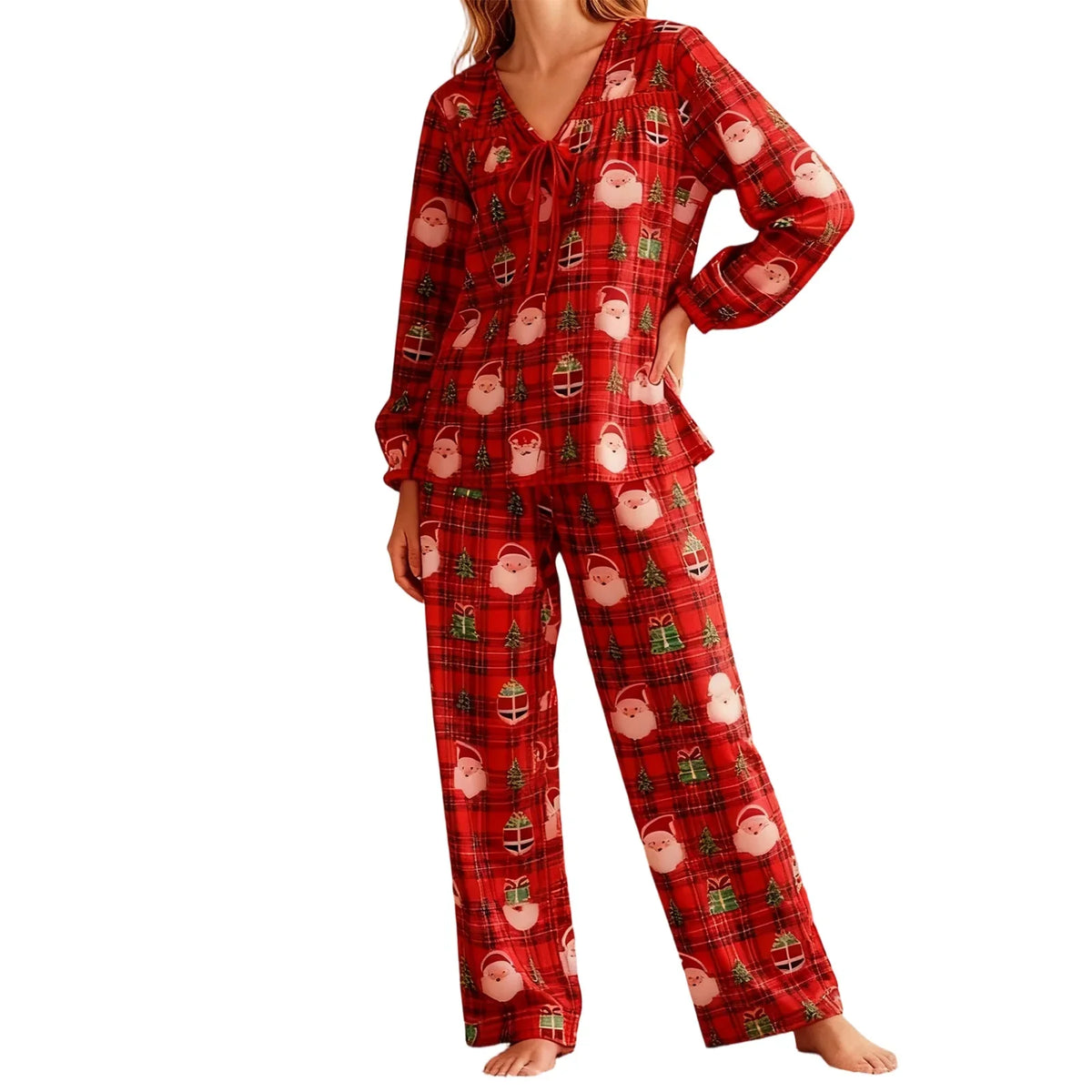 Women Christmas Pajamas Long Sleeve Tie-up V Neck Tops and Pants Loose Fall Winter Two Piece Loungewear